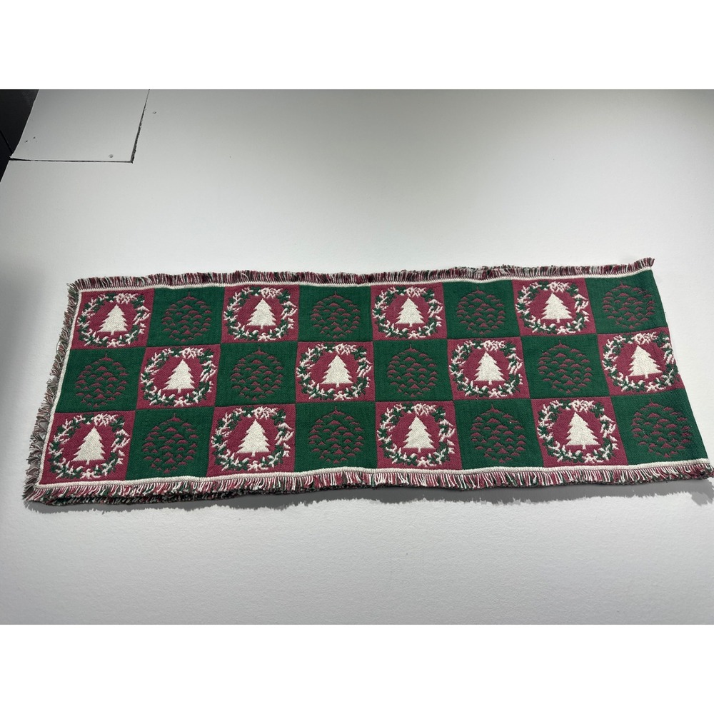Vintage Woven Christmas Table Runner Reversible Pinecone Tree Fringed 70x13